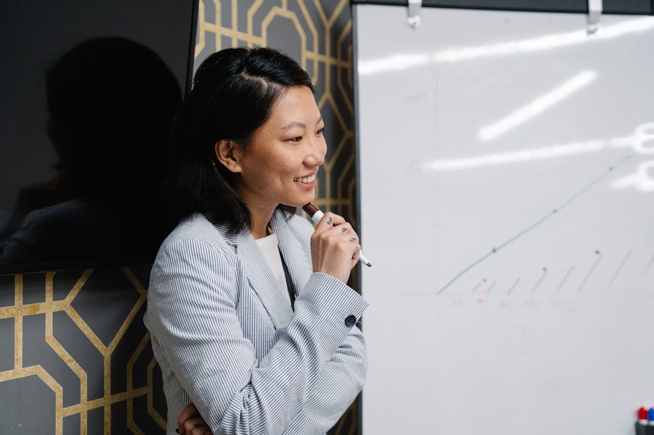 Confident Asian businesswoman presenting with a whiteboard in the office.